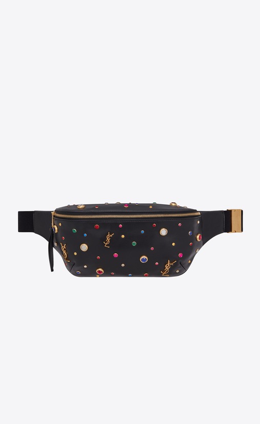 SAINT LAURENT Belt Bags Woman CLASSIC belt bag in black leather with crystals and gold-tone metal hardware a_V4